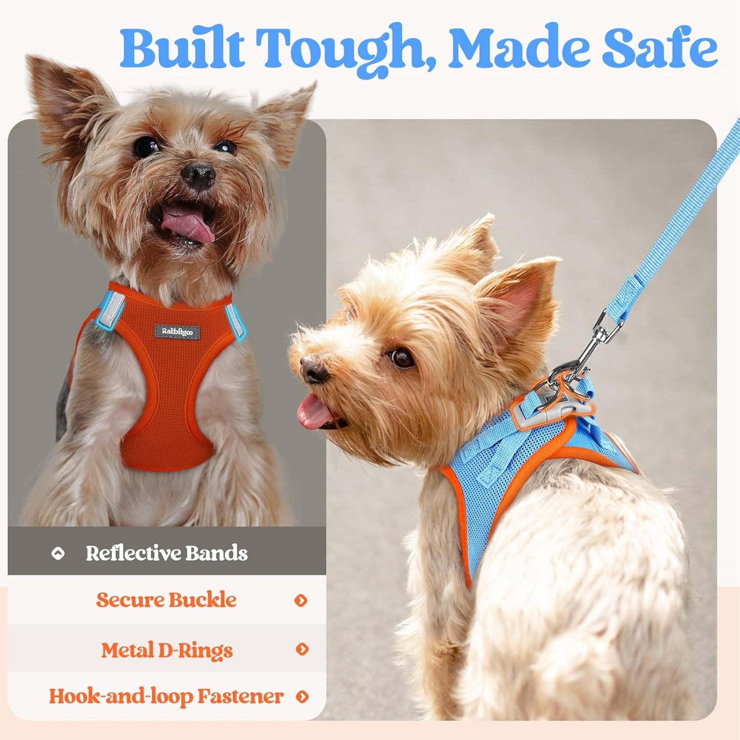rabbitgoo Dog Harness Medium Sized and Leash Set, Step in Soft Light Puppy Vest, Breathable Mesh Pet Harness, Reflective for Safe Easy Walking, Blue & Orange XXL