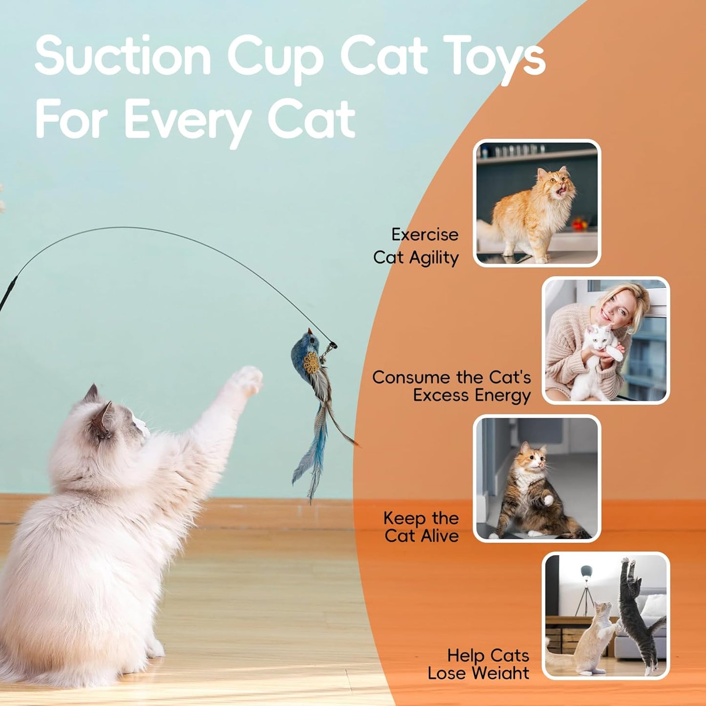 Interactive Bird Simulation Cat Feather Toy Set Cat Retractable Wand Toys Suction Cups Base,Include Detachable 7 Pcs Replacements Feathers Toys