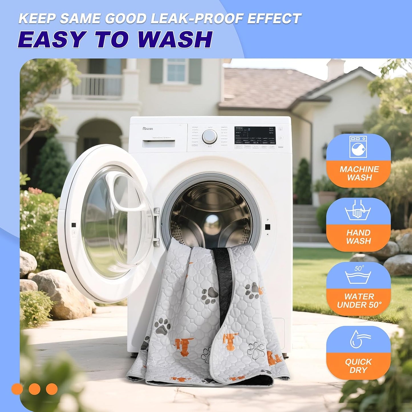 Washable Pee Pads for Dogs, 2 Pack Absorbent Reusable Training Dog Pads Pet Puppy Pads, Non-Slip Potty Pads for Whelping, Playpen, Crate, Bed, Orange, 36"x54"