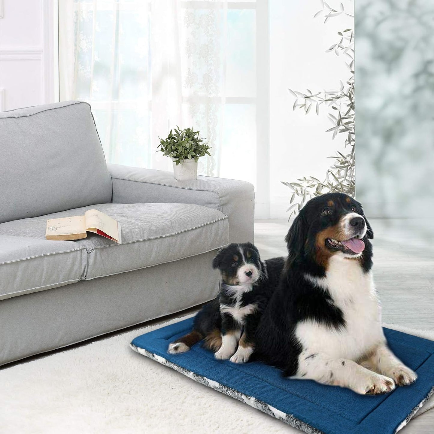 KROSER Fancy Crate Pad Bed Mat Reversible (Cool & Warm), Machine Washable, for Small to XXX-Large Dogs, Grey, Navy, Star Pattern