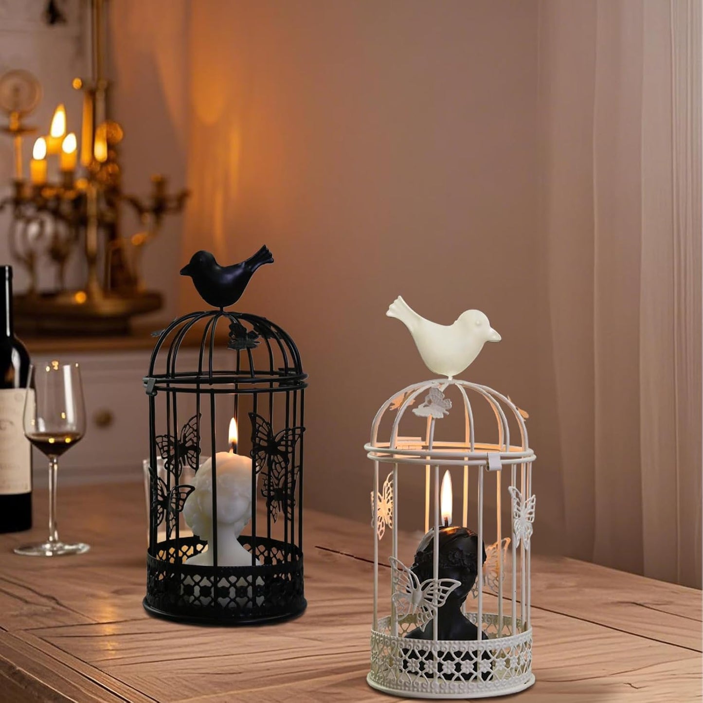 Vintage Decorative Bird Cage,Metal Black Bird Cage Decor for Candelabros para Centros De Mesa & Lanterns Decorative Indoor Suitable Wedding Party, Dining Table,Fireplace Metal Lantern&Bird Cage Decor