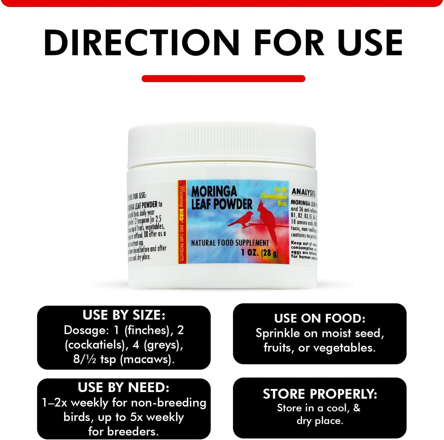 Morning Bird Moringa Leaf Powder 1 oz – Natural Food Supplement for Birds, Rich in Vitamins & Minerals, Boosts Immune System & Energy, Supports Healthy Feathers, Digestion, and Overall Avian Wellness