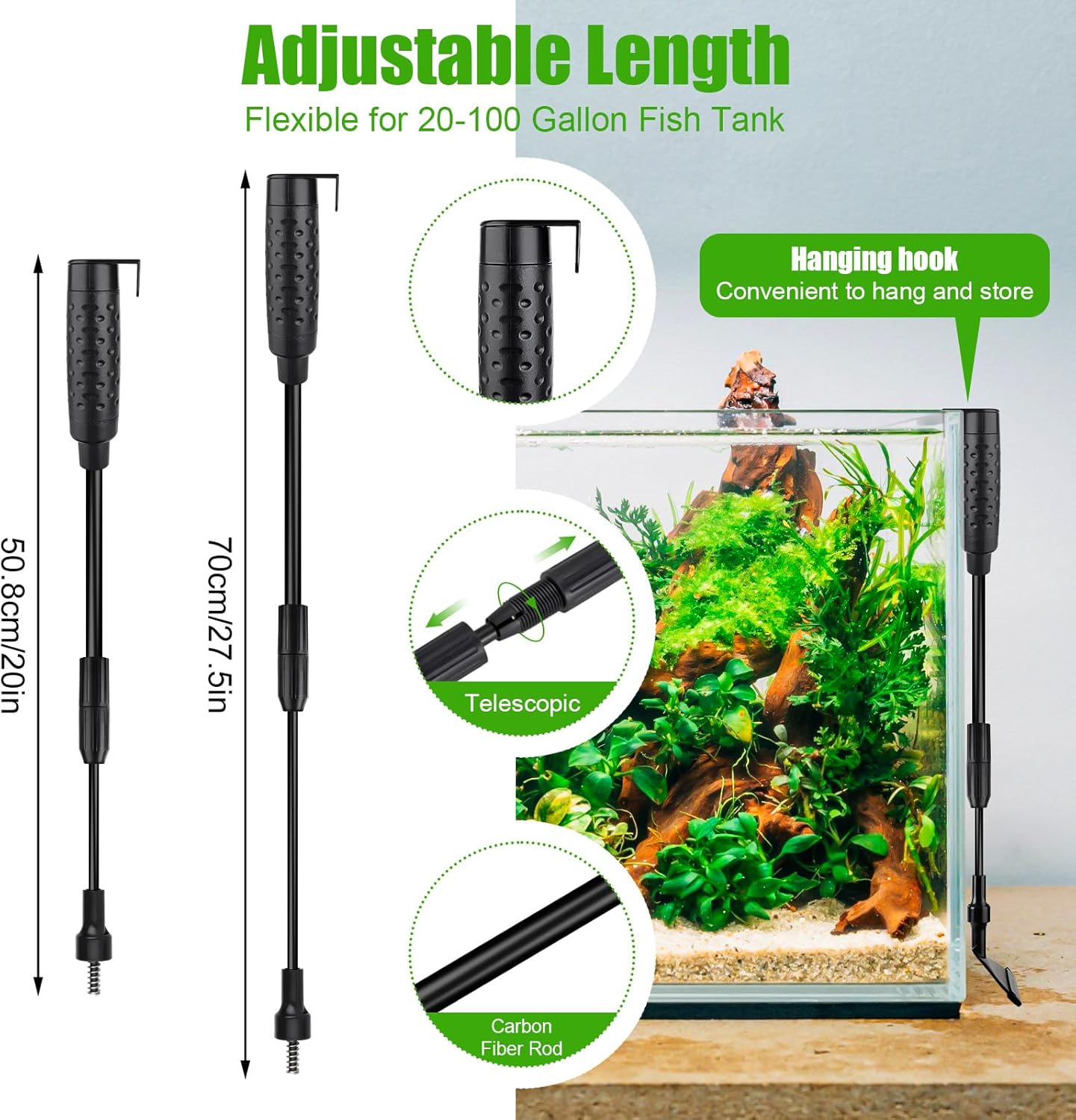 AQQA Aquarium Cleaning Tools Multifunctional 6-in-1 Fish Tank Cleaning Kits with Telesopic Handle Alage Scraper Sponge Scrubber Stiff Brush Plant Fork Gravel Rake Fish Net