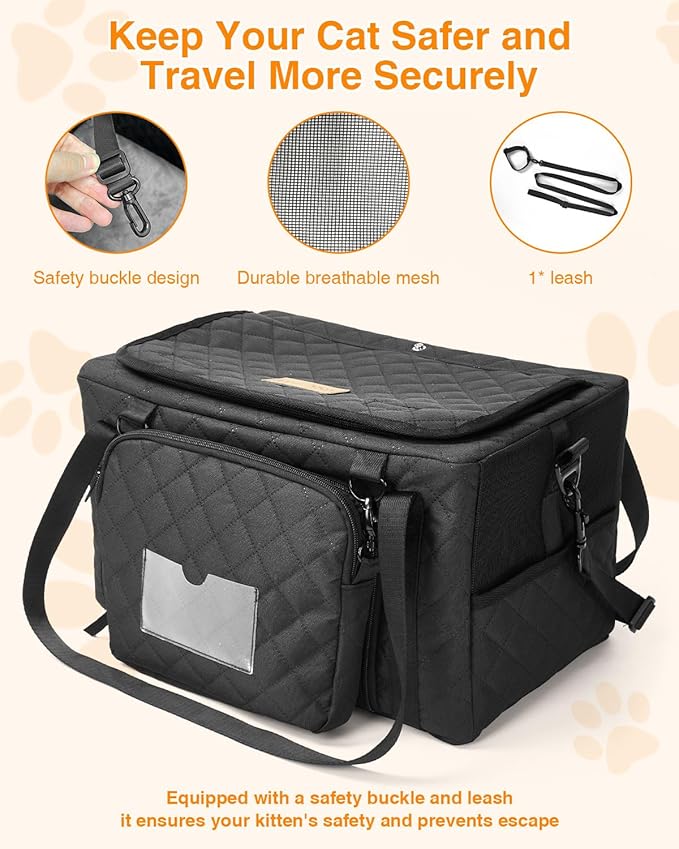 PETUX Small Cat Carrier - Pet Carrier Airline Approved for Kitten Under 10 lb - Escape-Proof, Foldable & Portable Cat Carriers for Travel, Vet Visits with Removable Bag, Safety Buckle & Leash - Black