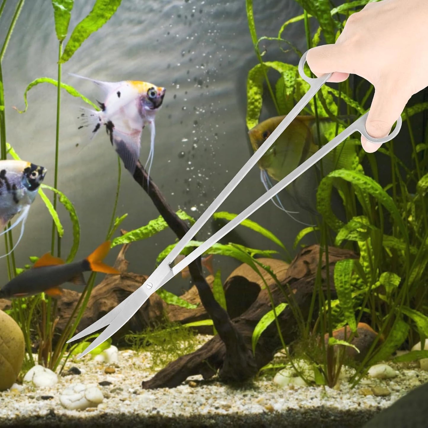 15Inch Extra Long Design Aquarium Aquascaping Tool Stainless Steel Aquascape Tools Kit 4 in 1 Anti-Rust Fish Tank Starter Kit with Long Tweezers Scissors Spatula for Aquarium Plants (Silver)