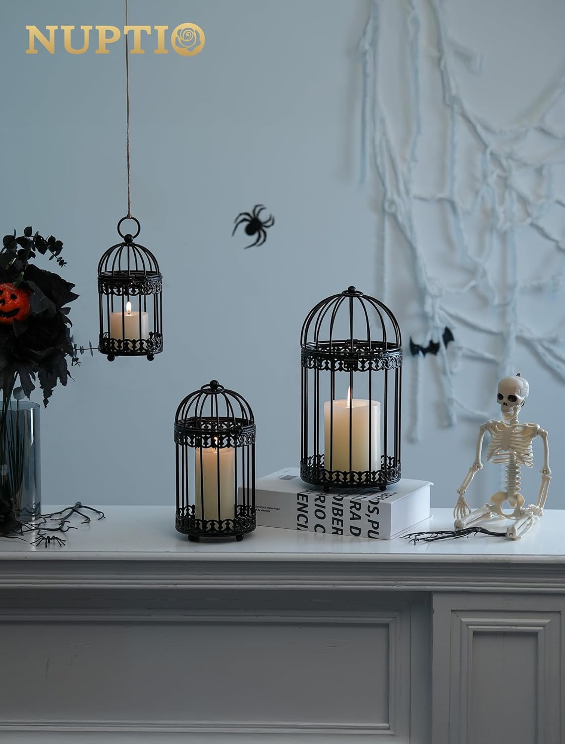 NUPTIO Vintage Bird Cage Lantern: Black Hanging Bird Cage Decor Candle Lanterns for Centerpiece - Large Birdcage Pillar Candles Holder for Halloween Christmas Bridal Shower 10 Inch H