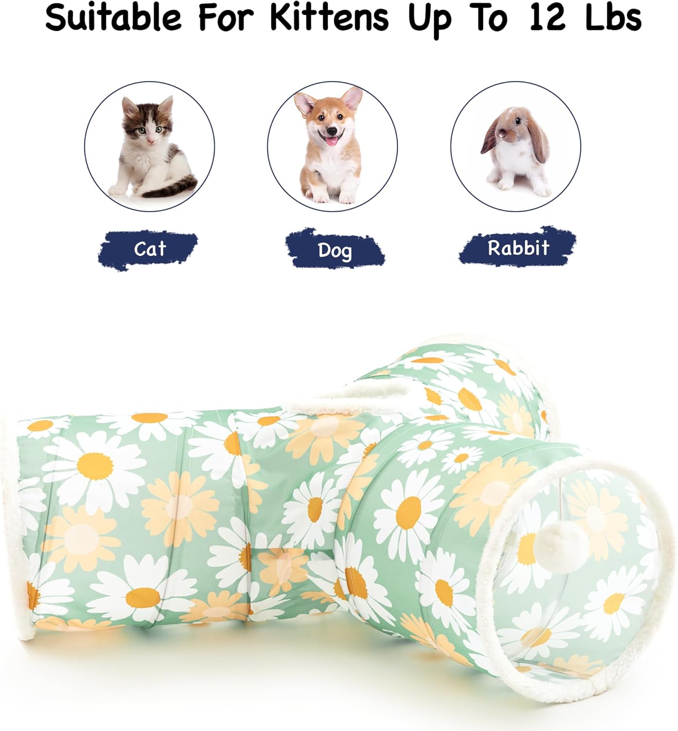 Tempcore Pet Cat Tunnel Tube Cat Toys 3 Way Collapsible, Cat Tunnels for Indoor Cats,Kitty Tunnel Bored Pet Toys Peek Hole Toy Ball Puppy, Kitty, Kitten, Rabbit Daisy Green Printed