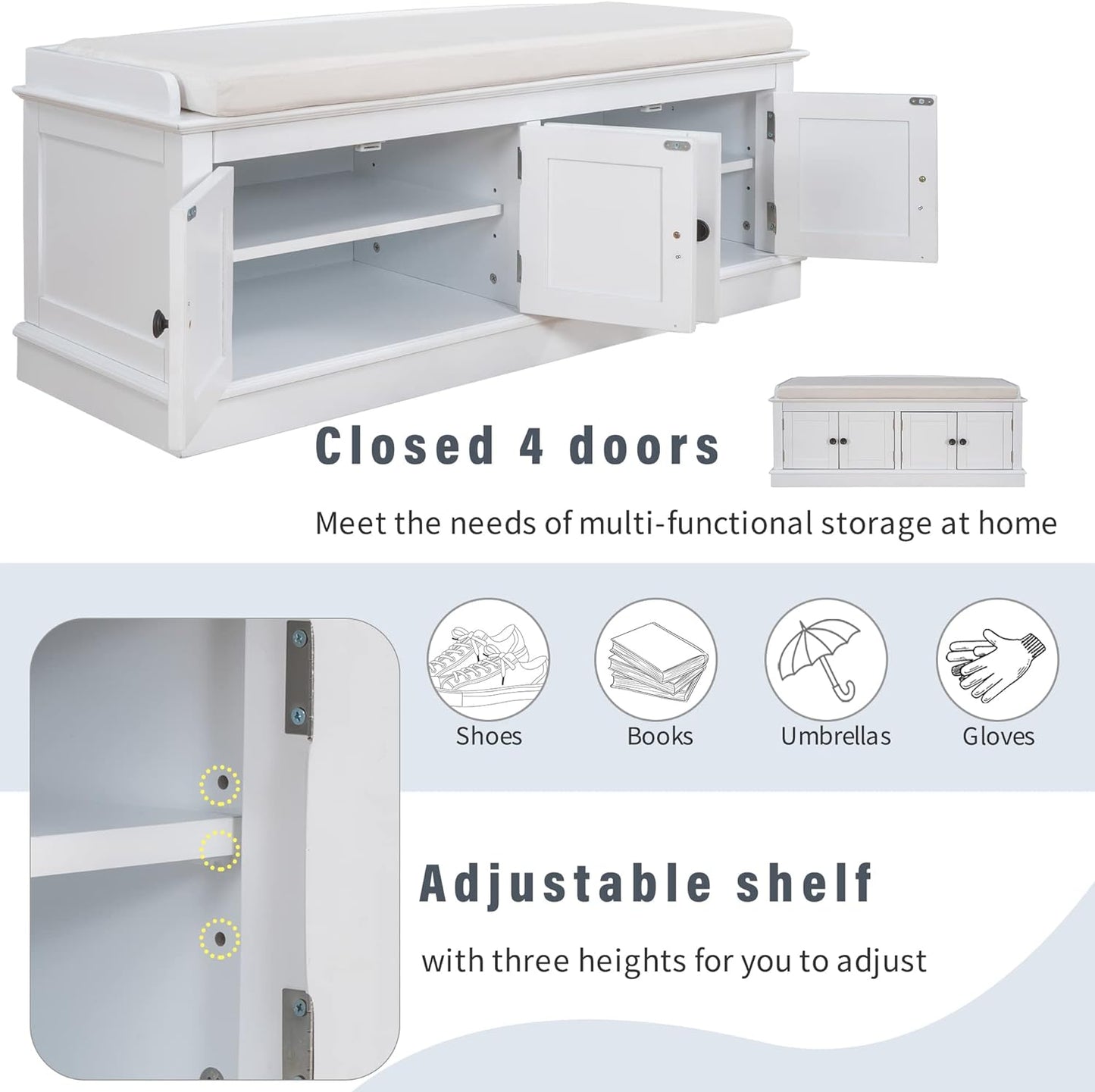 Storage Bench with 4 Doors and Adjustable Shelves, Shoe Bench with Removable Cushion for Living Room, Entryway 42.7" L x 16" W x 17.4" H (White)