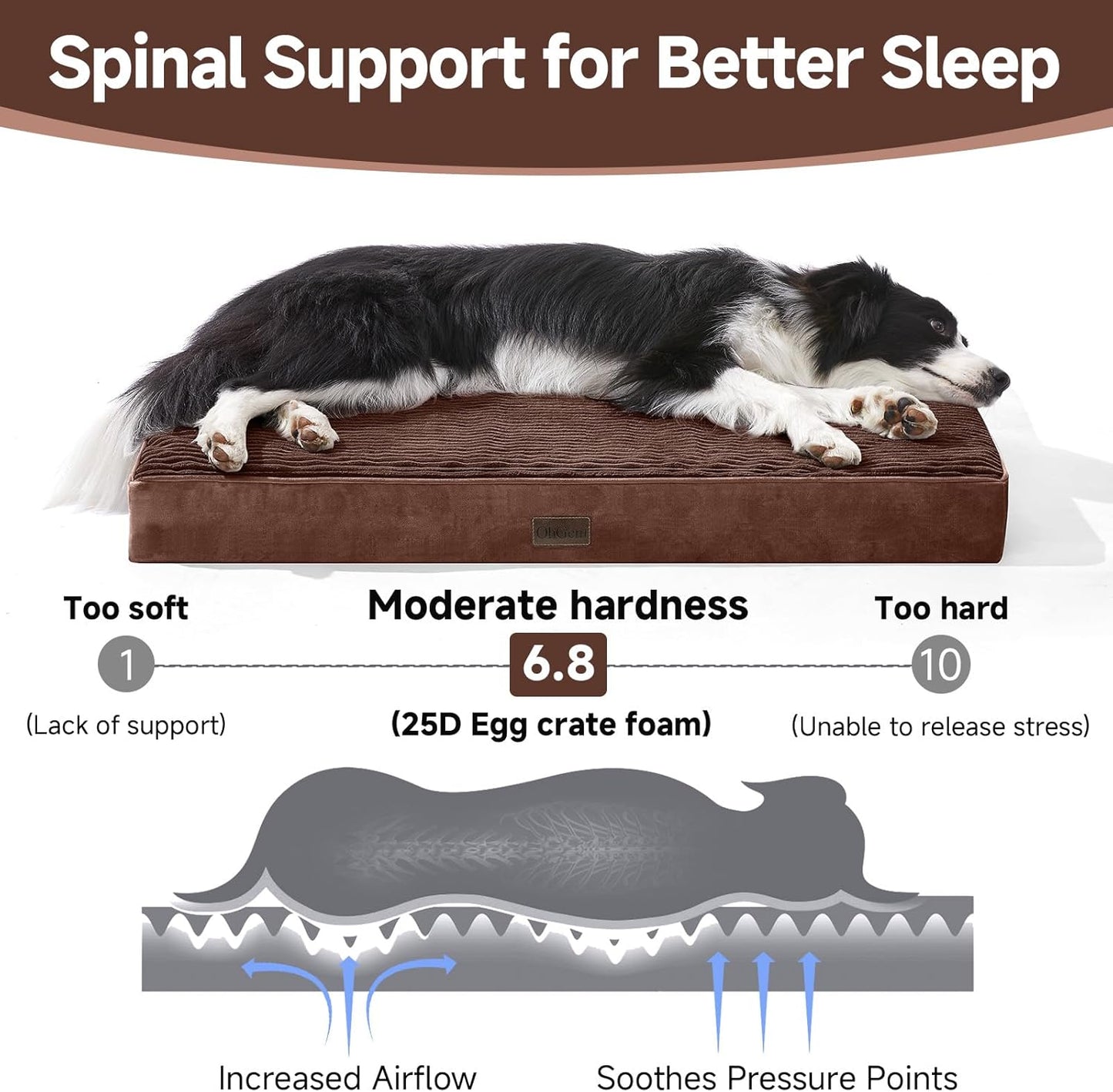 OhGeni Orthopedic Waterproof & Machine Washable Dog Bed for Medium Large Pets, Suitable for Crates, Cat Mat with 25D Egg Crate Foam, Non-Slip Bottom & Removable Cover, 35 Inches(Brown)