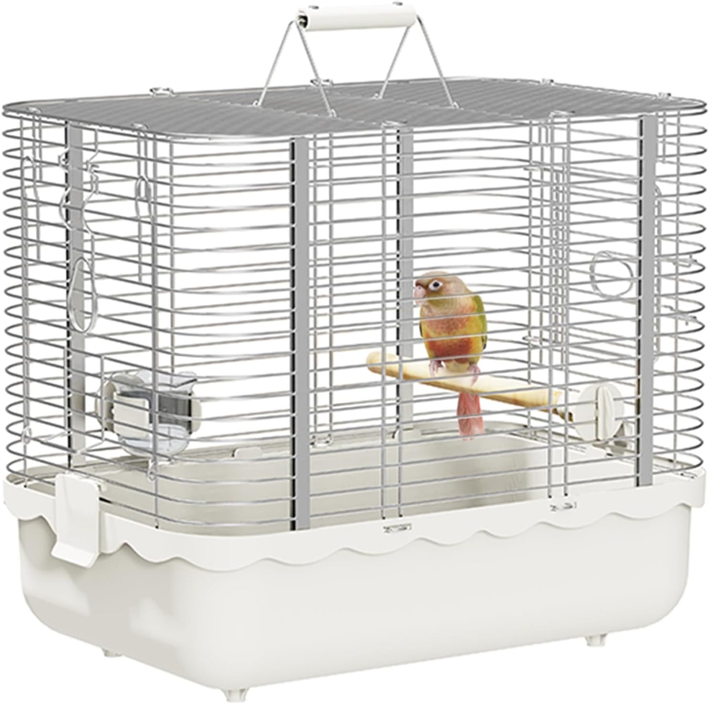 Bird Carrier Travel Cage, Durable Portable Stainless Steel Birdcage with Bird Perch & Feeding Bowl for Parrots Canaries Budgies Lovebirds Conures Cockatiels (Large White)