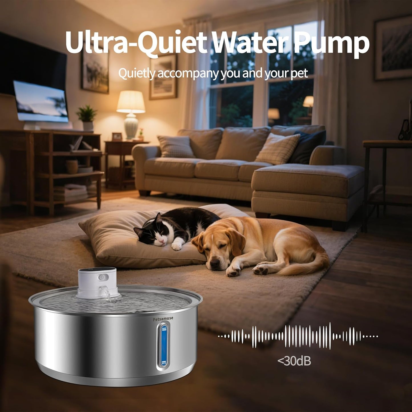 Stainless Steel Dog Water Fountain, 2.1Gal/8L Wireless Battery Operated Large Dog Water Bowl Dispenser Motion Sensor Water Fountain Dog Bowl Inside with 13 Filters and 2 Ultra Quiet Pumps