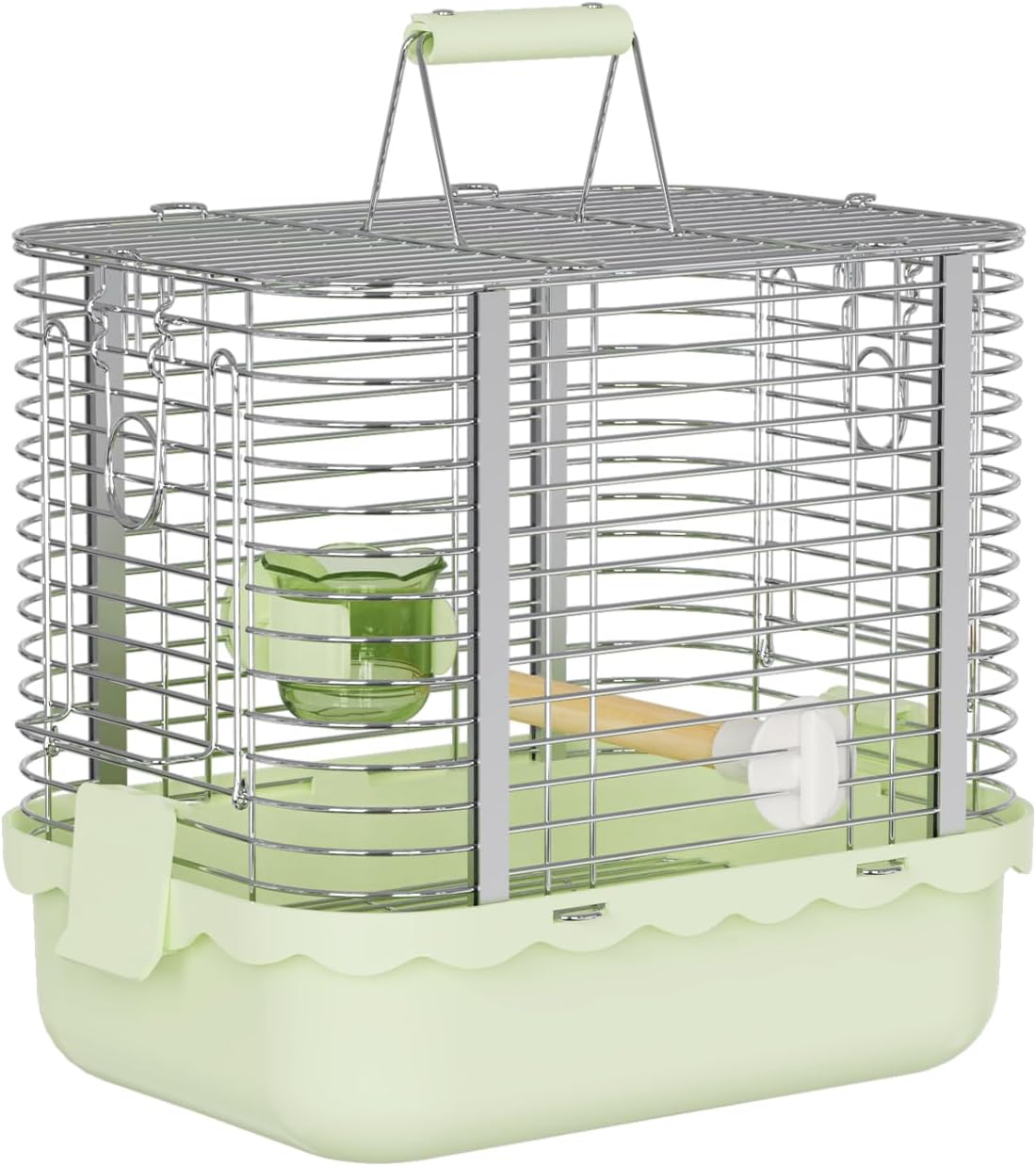 Bird Carrier Travel Cage, Durable Portable Stainless Steel Birdcage with Bird Perch & Feeding Bowl for Parrots Canaries Budgies Lovebirds Conures Cockatiels (Small Light Green)