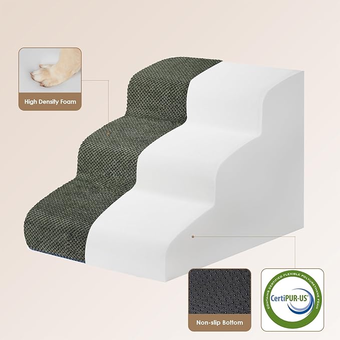 EHEYCIGA Curved Dog Stairs Ramp for Small Dogs 15.7" H, 3-Step Dog Steps for Couch Sofa and Chair, Pet Stairs for Cats, Non-Slip Balanced Pet Steps Indoor, Olive Green