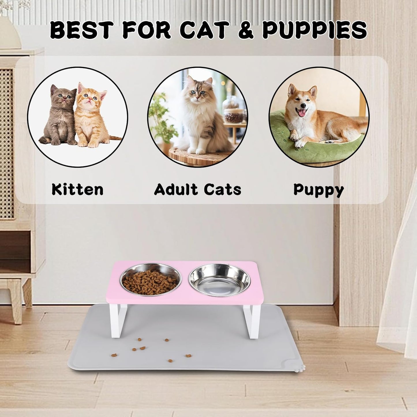 Upgraded Elevated Cat Bowls with Food Mat,15°Tilted Stand Anti Vomiting Raised Cat Dishes for Food and Water,2 Stainless Steel Bowls for Cats and Puppy(Pink)
