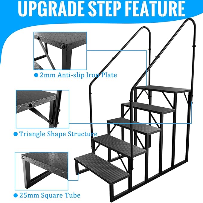 RV Stairs 5 Step Ladder, RV Steps Anti-Slip, Hot Tub Steps with Handrail, 660 lbs RV Ladder for 5th Wheel RV, Mobile Home Stairs(2 Handrails