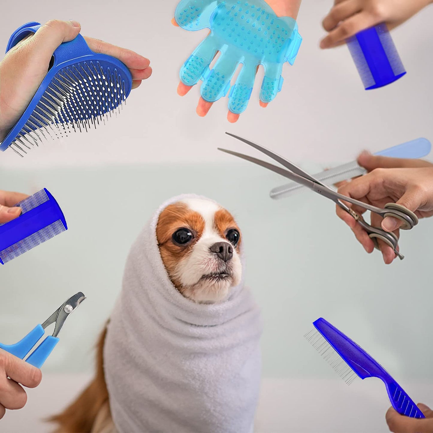 7-Piece Small Pet Grooming Kit with Brush, Nail Clippers, and Adjustable Strap for Rabbits, Hamsters, Guinea Pigs (Blue)
