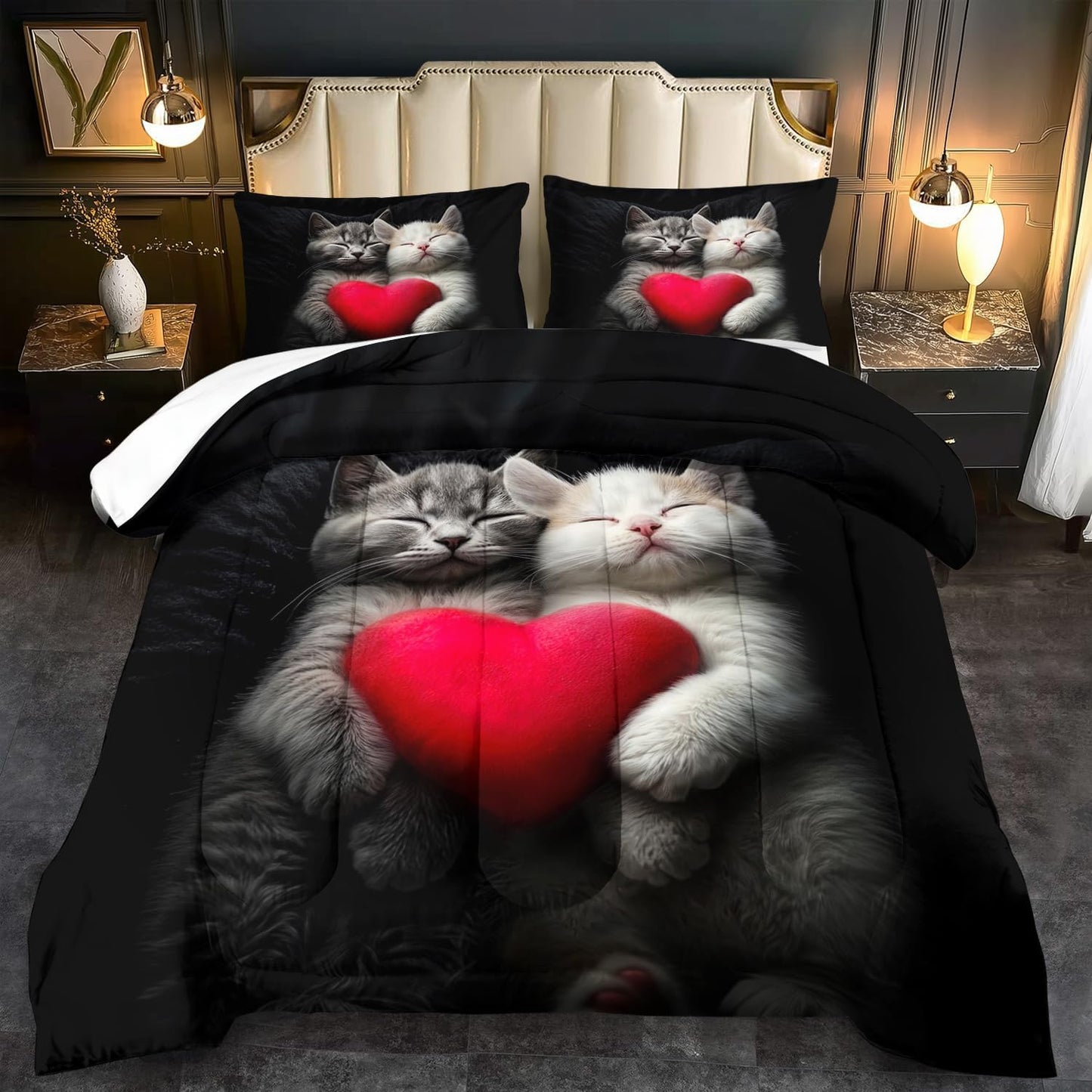 Cute Cat Comforter Set Queen,Kawaii Cat Bedding Set for Girls,Cute Animal Comforter Red Love Heart Bedding Decor,Kawaii Farm Animal Quilt Patterns Kids and Adults