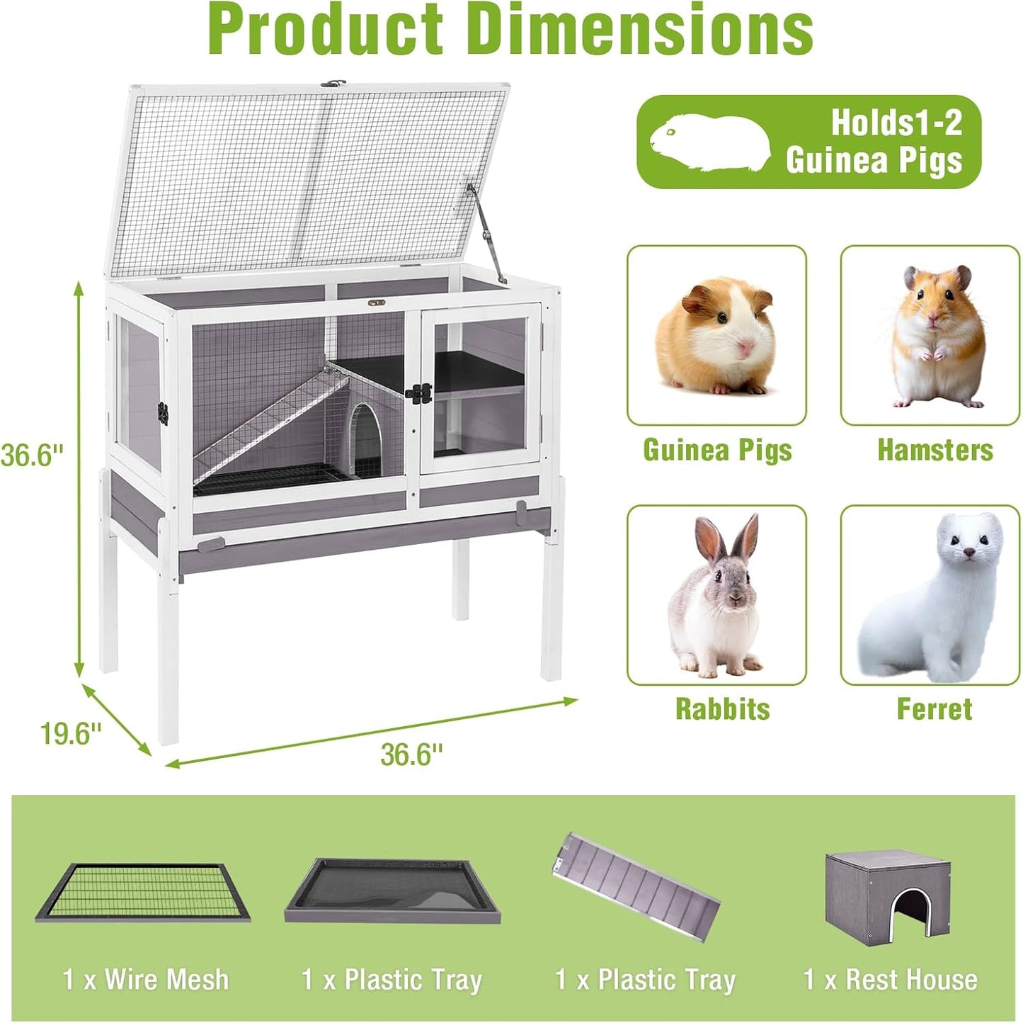 GUTINNEEN Indoor Guinea Pig Cage Rabbit Hutch with Chew-Proof Ramp, 2-Story Wooden Bunny House with Pull-Out Trays & Leakproof PVC Layer, Small Animal Cages with Detachable Legs (Gray)
