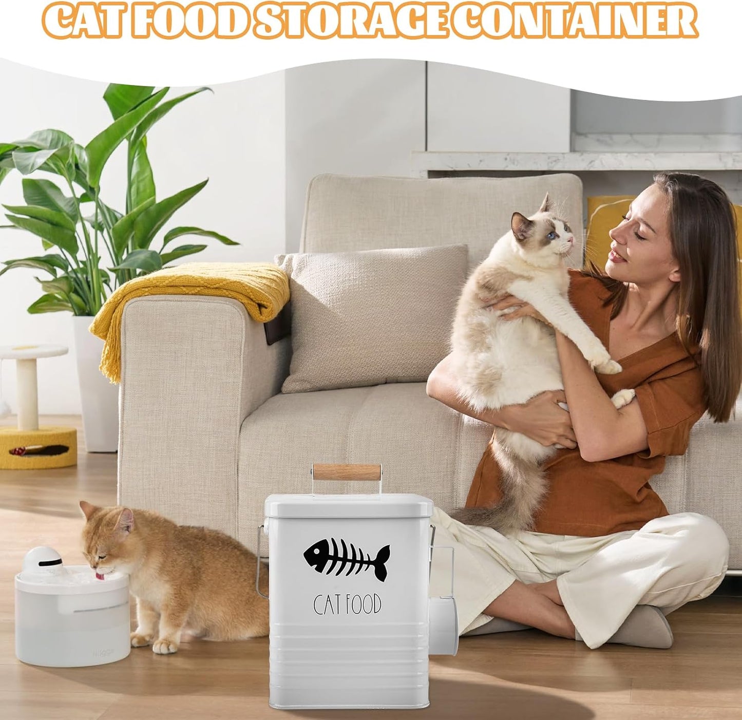 Cat Food Storage Container with Scoop - 5-7 lb Metal Cat Treat Container with Wood Handle, Pet Snacks Canisters with Airtight Lid & Dry Food Scoop for Kibble & Treats, Kitchen Counter Organizer