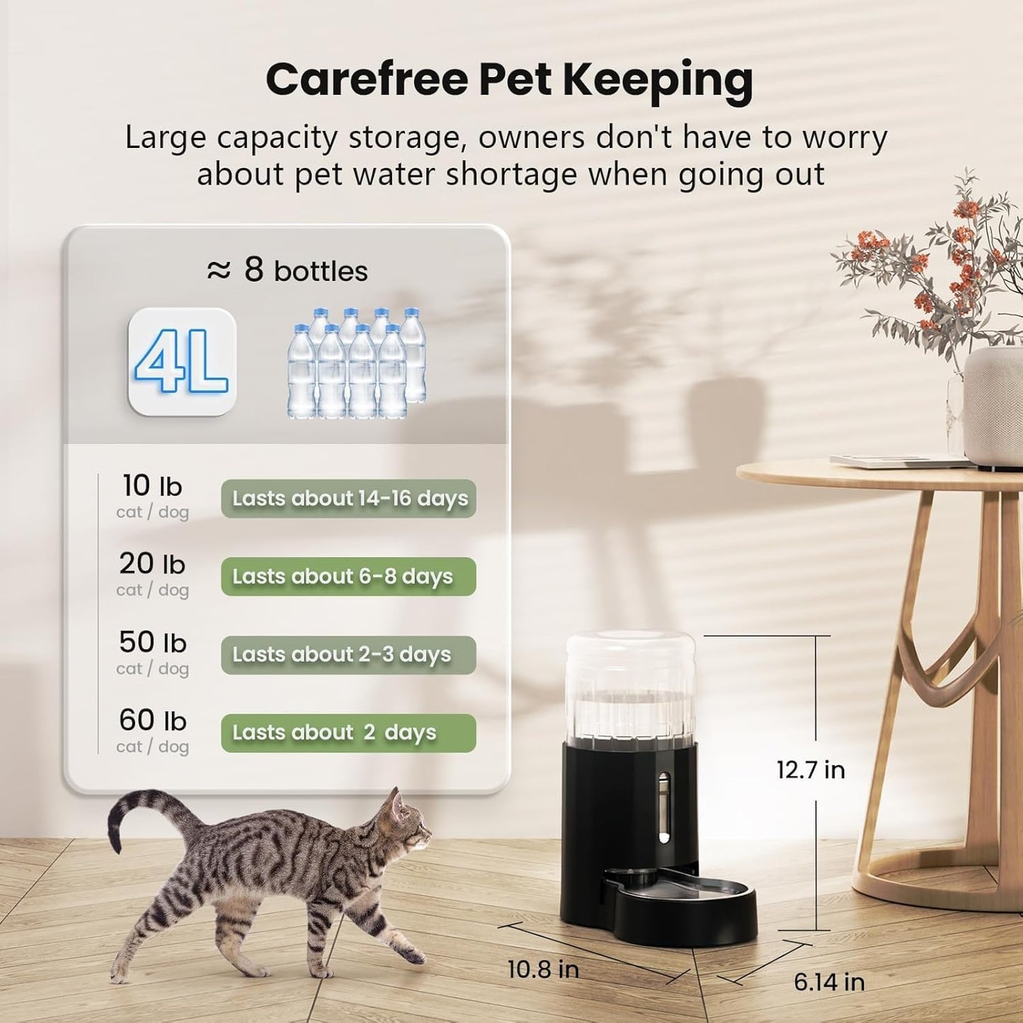 CZPET Automatic 4L/135Oz/1Gal Cat Water Dispenser with Stainless Steel Bowl, Gravity Waterer for Small Medium Dog Puppy Kitten (Black)