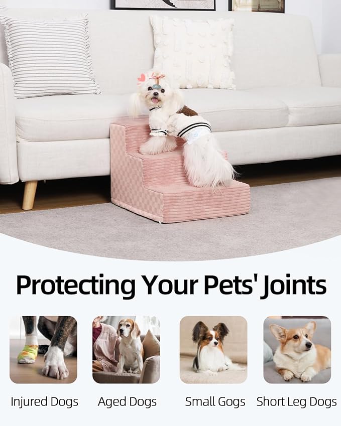 Dog Stairs for Small Dogs,13" H,3-Step Dog Steps Ramp for Bed and Couch with High Density Foam,Non-Slip Pet Steps for Doggy and Cat,Pet Stairs with a Washable Cover,Pink