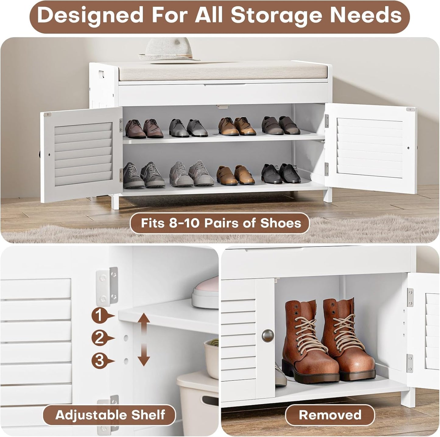 Shoe Storage Bench with Lift Top Storage, Entryway Bench with Cushioned Seat, Adjustable Shelf, 2 Tier Shoe Rack with Doors for Entryway, Bedroom, Hallway, Mudroom, White
