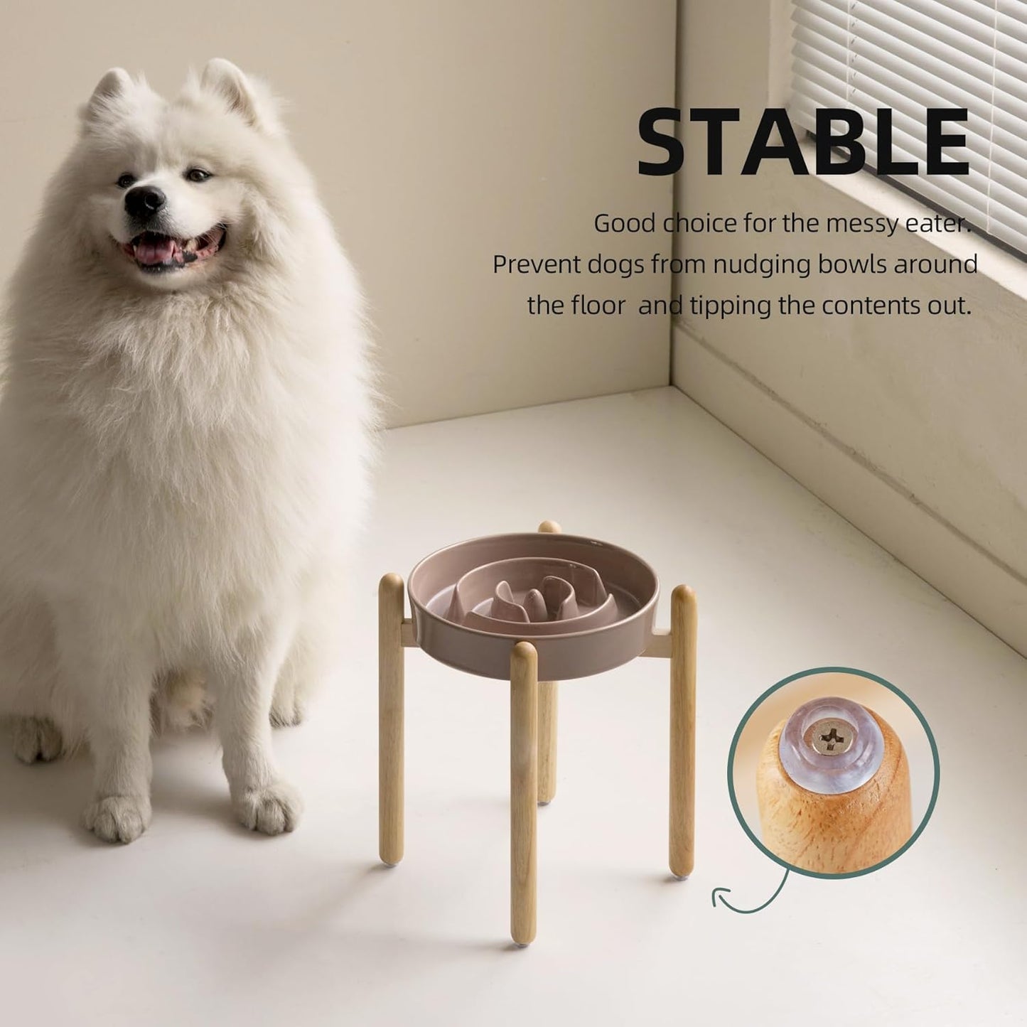 9.5inch Ceramic Raised Slow Feeder Dog Bowl Set, Elevated Bowl with Wooden Stand for Large Dog, Puzzle Slow Pet Food Dish, Preventing Choking(Brown Coffee, Single Bowl+ Stand)