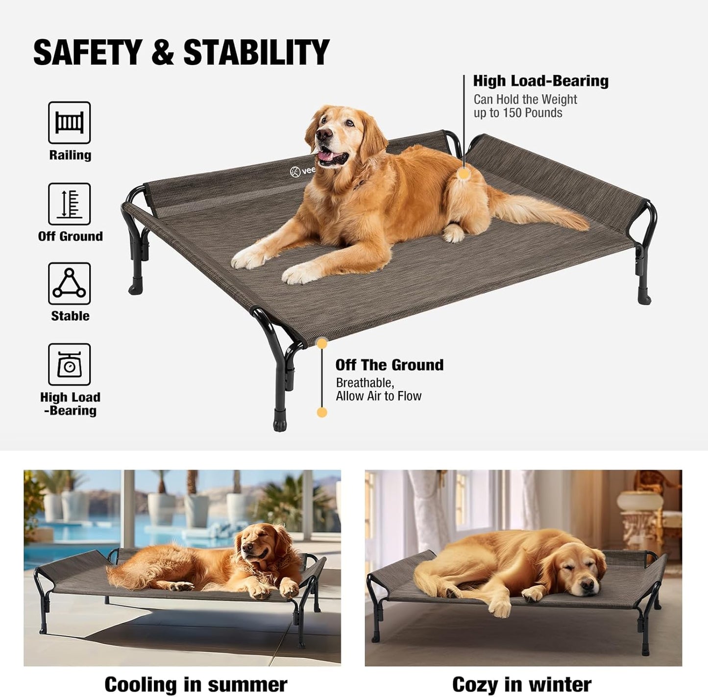 Veehoo Cooling Elevated Dog Bed, Raised Pet Cot with Guardrail & Slope Headrest, Durable Breathable Teslin Mesh, Non-Slip Feet, Washable Dog Couch Bed for Indoor & Outdoor, Large 47" x 32", Brown