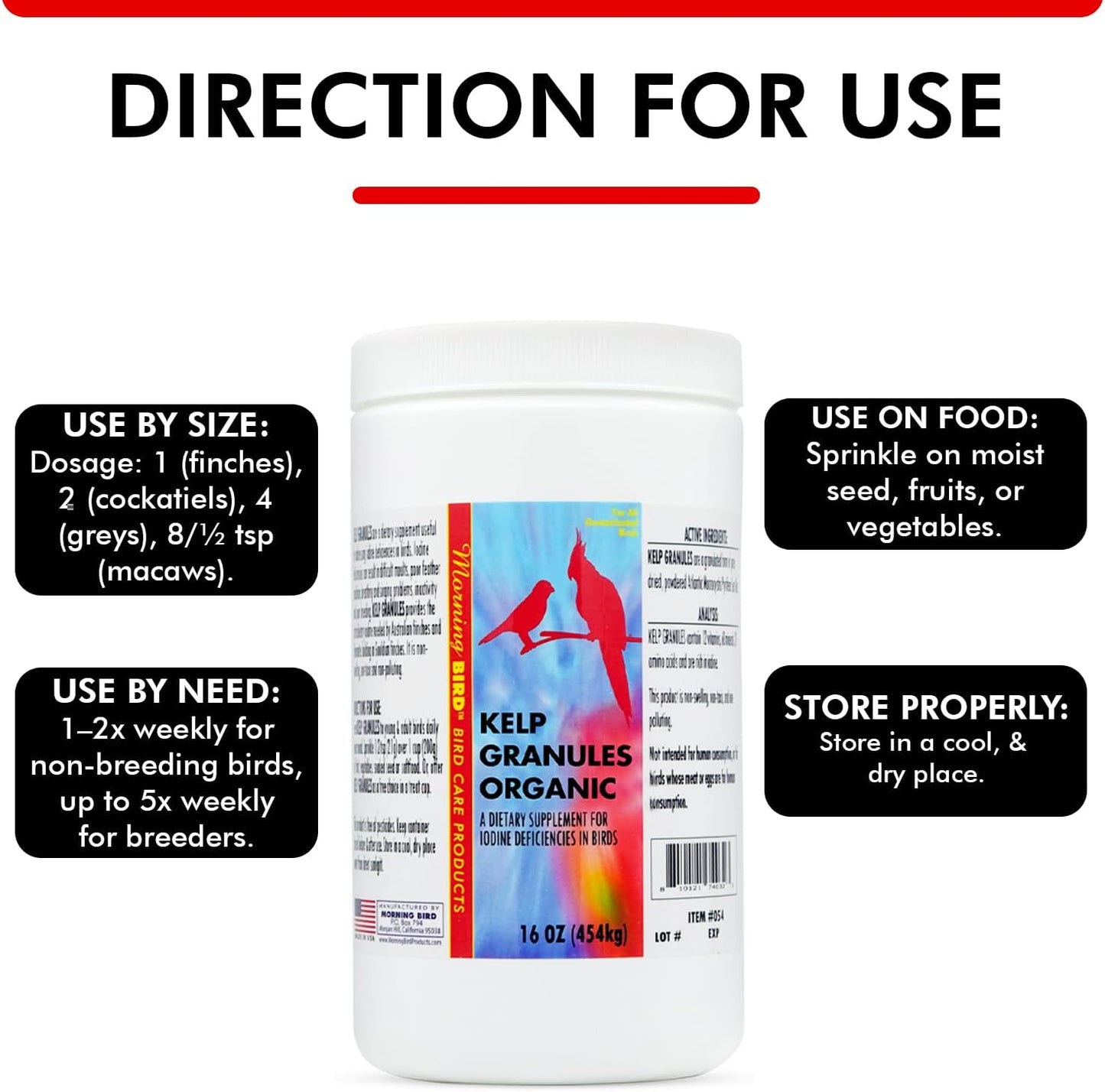 Morning Bird Kelp Granules 16 Oz – Iodine Supplement for Birds – Supports Feather Growth, Molting & Metabolism – Rich in Amino Acids, Trace Minerals & Natural Vitamins – Clean Nutrition for All Birds