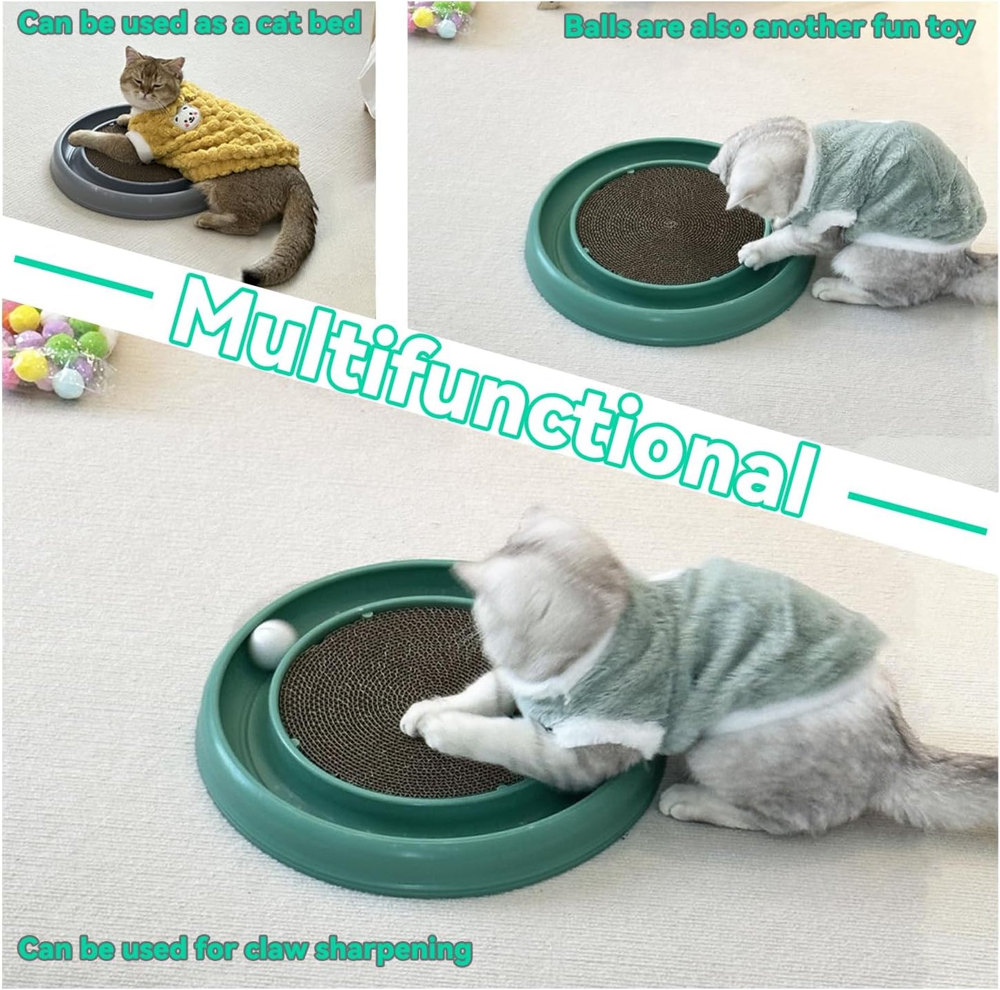 Interactive Cat Ball Track Toy for Indoor Cats, Cat Scratching Board & Exercise Set for Bored Indoor Adult and Kitten Mental & Physical Stimulation, with Spare Ball to Prevent Loss (Green)