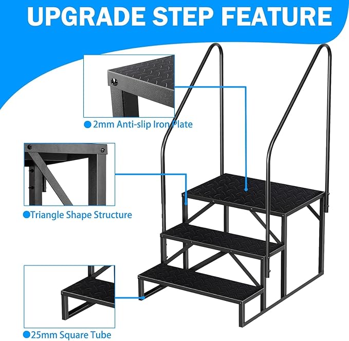 RV Step 3 Step Ladder, Upgrade RV Step with Handrails, Heavy Duty RV Stairs with Anti-Slip Pedal Hot Tub Steps, Removable Camper Step for Spa/Porch/Pet/Mobile Home(2 Handrails