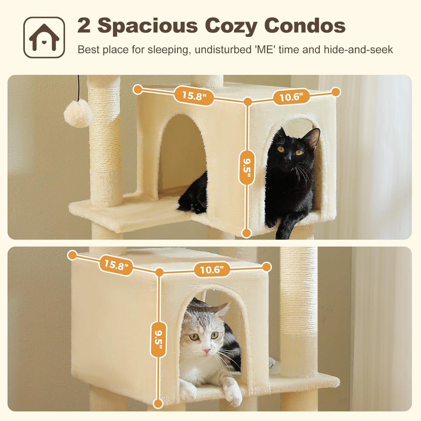 Cat Tree for Indoor Cats, Multi-Level Cat Tower with Sisal Scratching Posts, Padded Platform, Multi-Level Cat Condo w/Soft Bed & Scratching Pad, 2 Pompoms, Sturdy Base, Beige