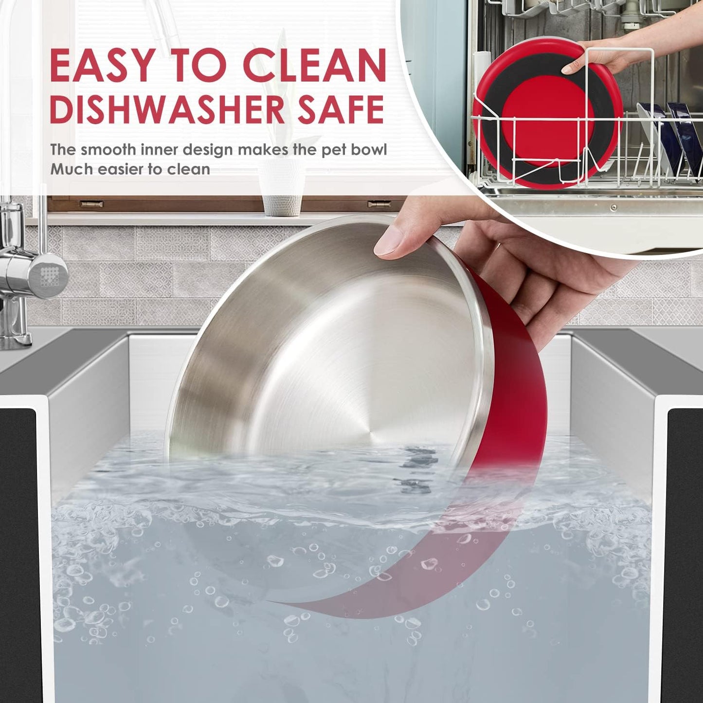 IKITCHEN Dog Bowl for Food and Water, 64 Oz Stainless Steel Pet Feeding Bowl, Durable Non-Skid Double Wall Insulated Heavy Duty with Rubber Bottom for Medium Large Dogs (64 Ounces/8 Cup, Red)