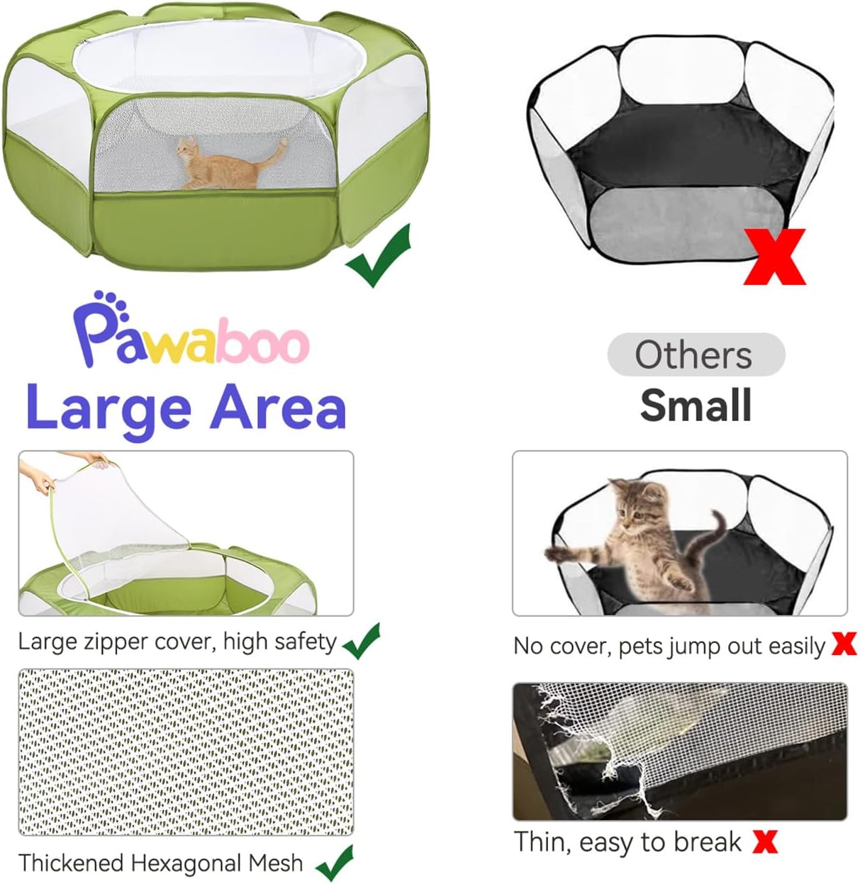 Pawaboo Extra Large 2-in-1 Small Animals Playpen, 2 Detachable Pet Cage Tent with Zipper Splicing, Portable Outdoor Yard Fence with 3 Metal Rod for Chick/Kitten/Puppy/Guinea Pig/Rabbits/Chinchillas