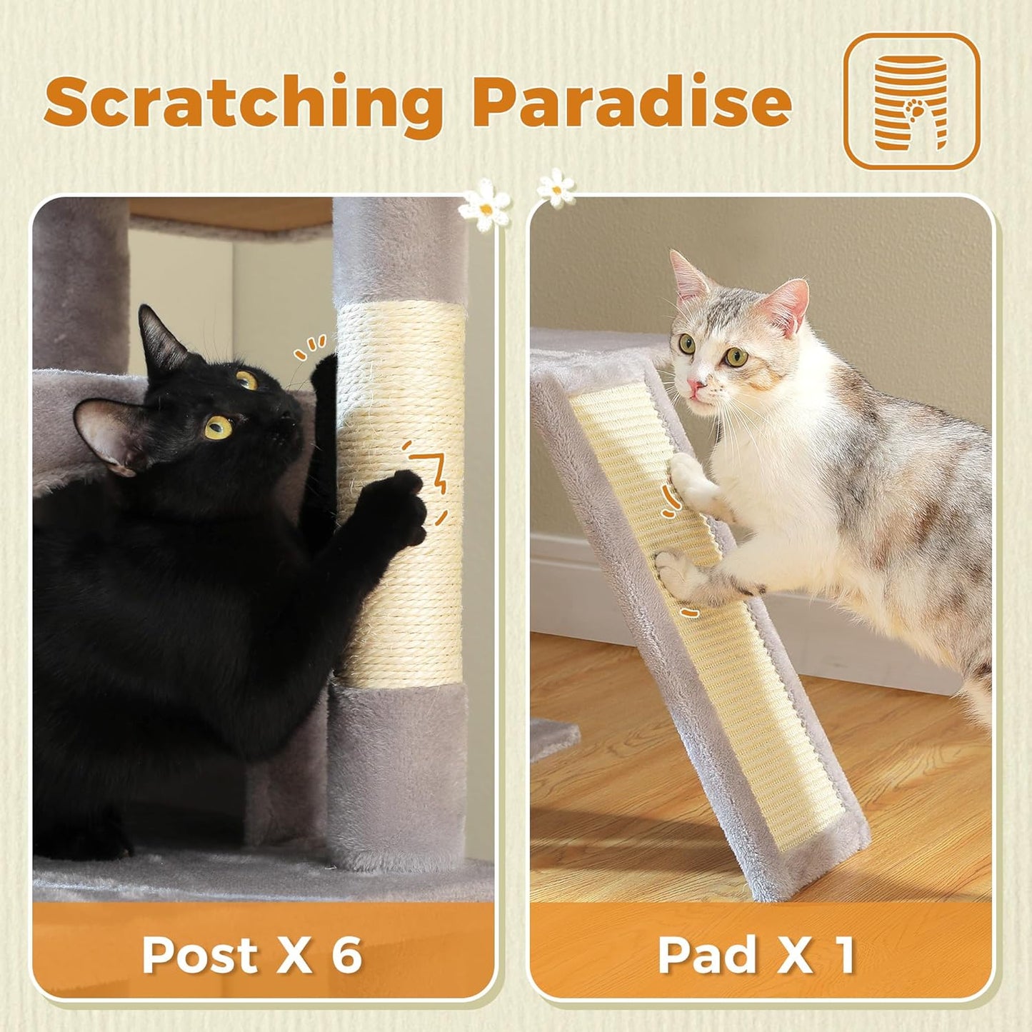 81 Inches Tall Cat Tree for Indoor Cats Large Adult - Heavy Duty Multi-Level Cat Tower with Large Metal Frame Hammock, Scratching Pad, 2 Top Perches, 2 Cozy Condos & 6 Scratching Posts - Gray