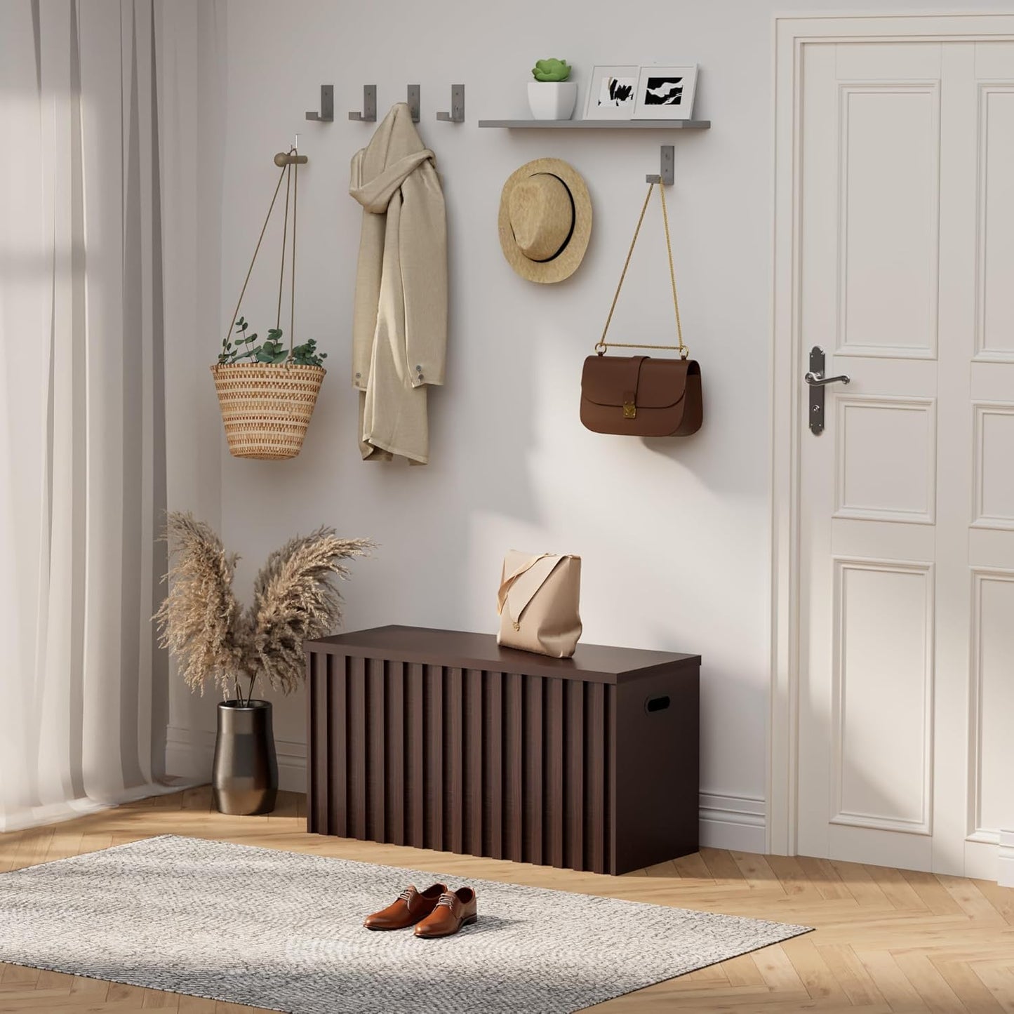 UEV Storage Bench,39.4" Wood Box, Storage Trunk with 2 Safety Hinges, Ottoman Storage Chest, Fluted Storage Bench for Bedroom, Entryway, Living Room (Walnut)