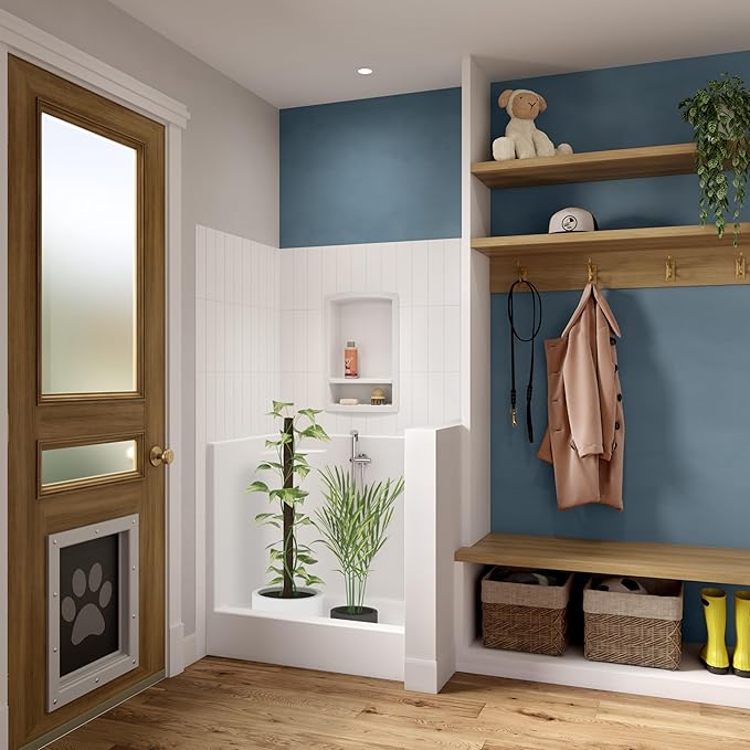 Laurel Mountain Odie 36" x 27" x 36" AcrylX Alcove Center Drain One-Piece Pet Shower in White with Hand-Held Sprayer in Chrome