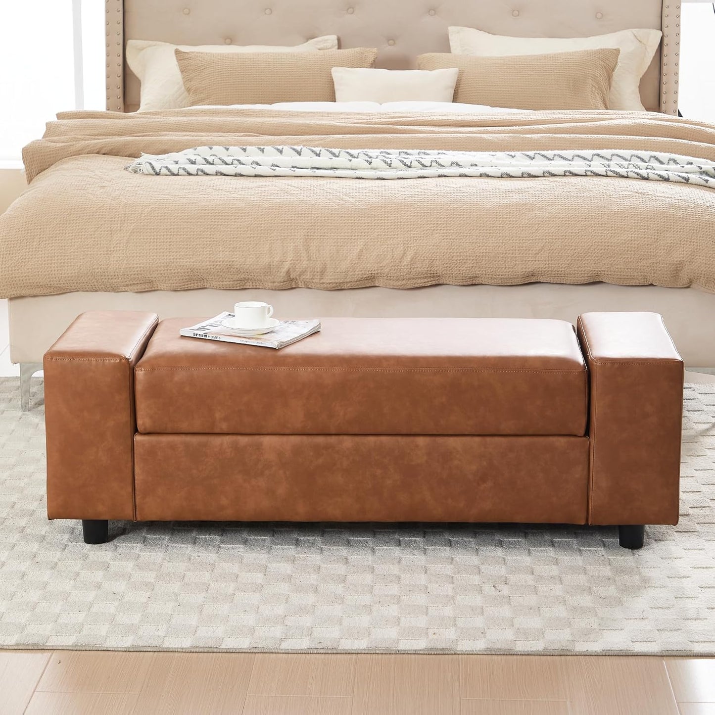 55" End of Bed Storage Bench Ottoman for Bedroom, Faux Leather Upholstered Entryway Bench Long Window Seating for Corner/Living Room/Recption Room/Office/Shop, Brown