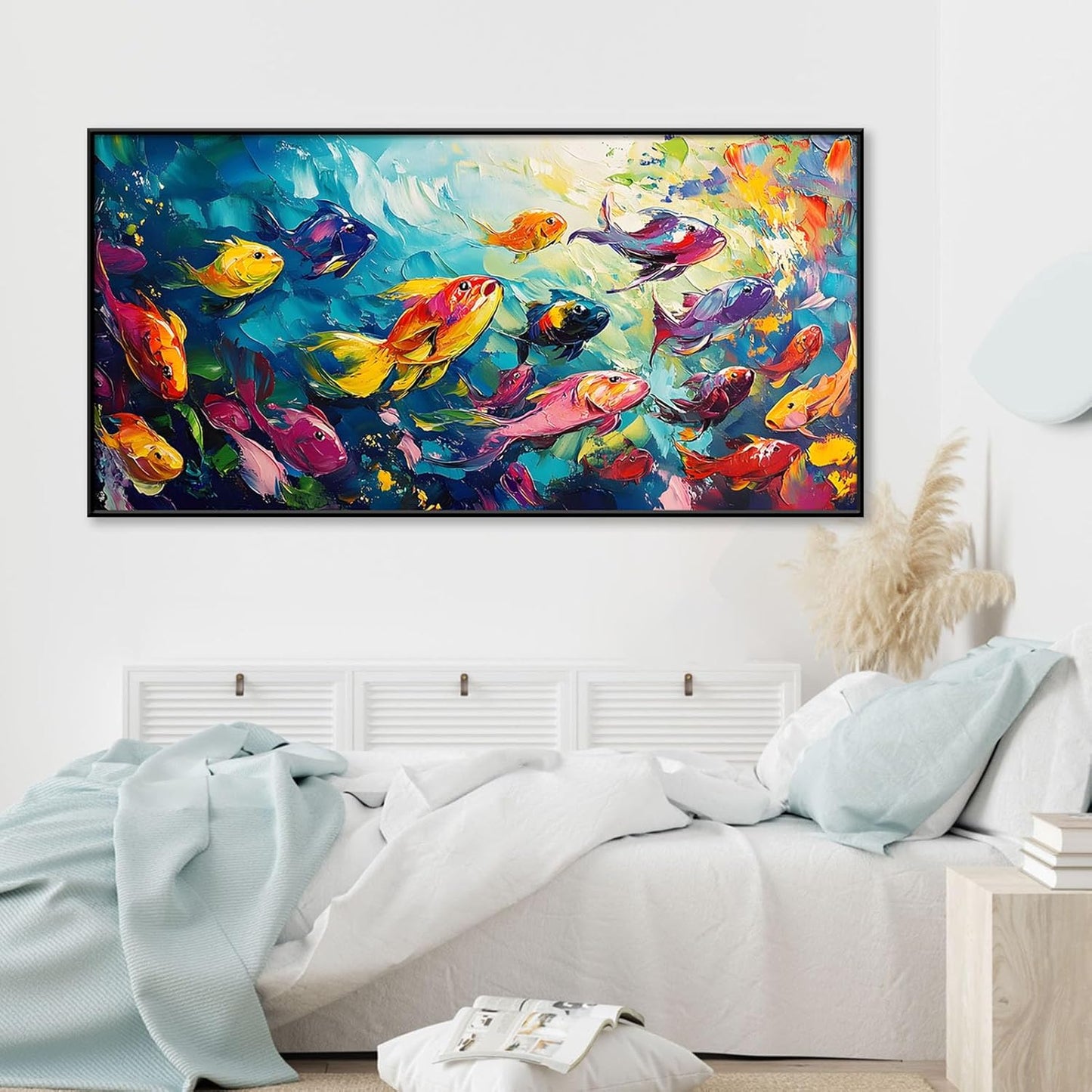 School of Fish Printed Canvas Wall Art – Framed Abstract Ocean Print – Vibrant Fish Wall Decor for Living Room, Bedroom, Office (Gold Framed, 47"x23"|120x60cm)