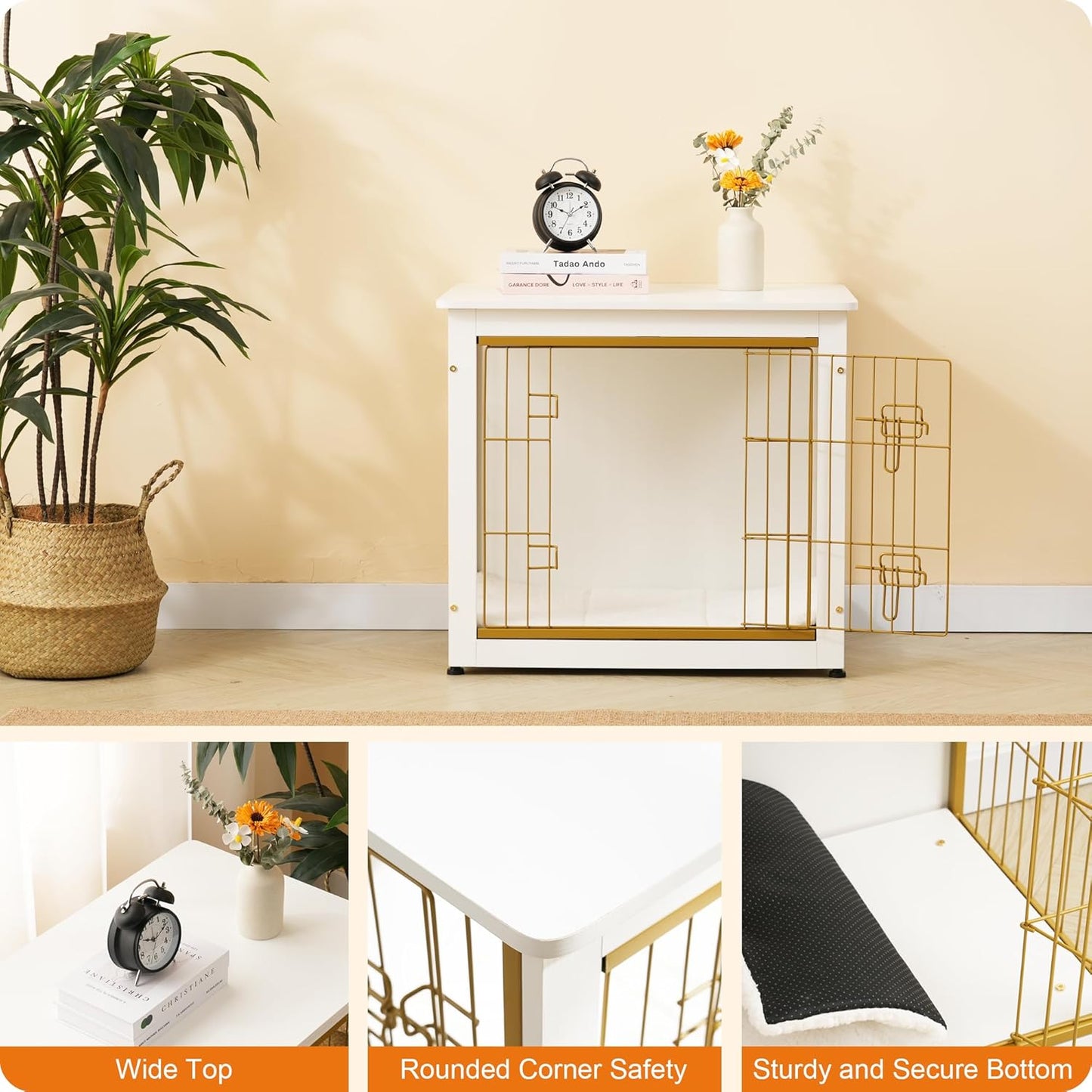 DWANTON Dog Crate Furniture with Cushion, Wooden Kennel Table with Double Doors, Indoor Dog House, Small/Medium/Large Size, 27.2" L, White