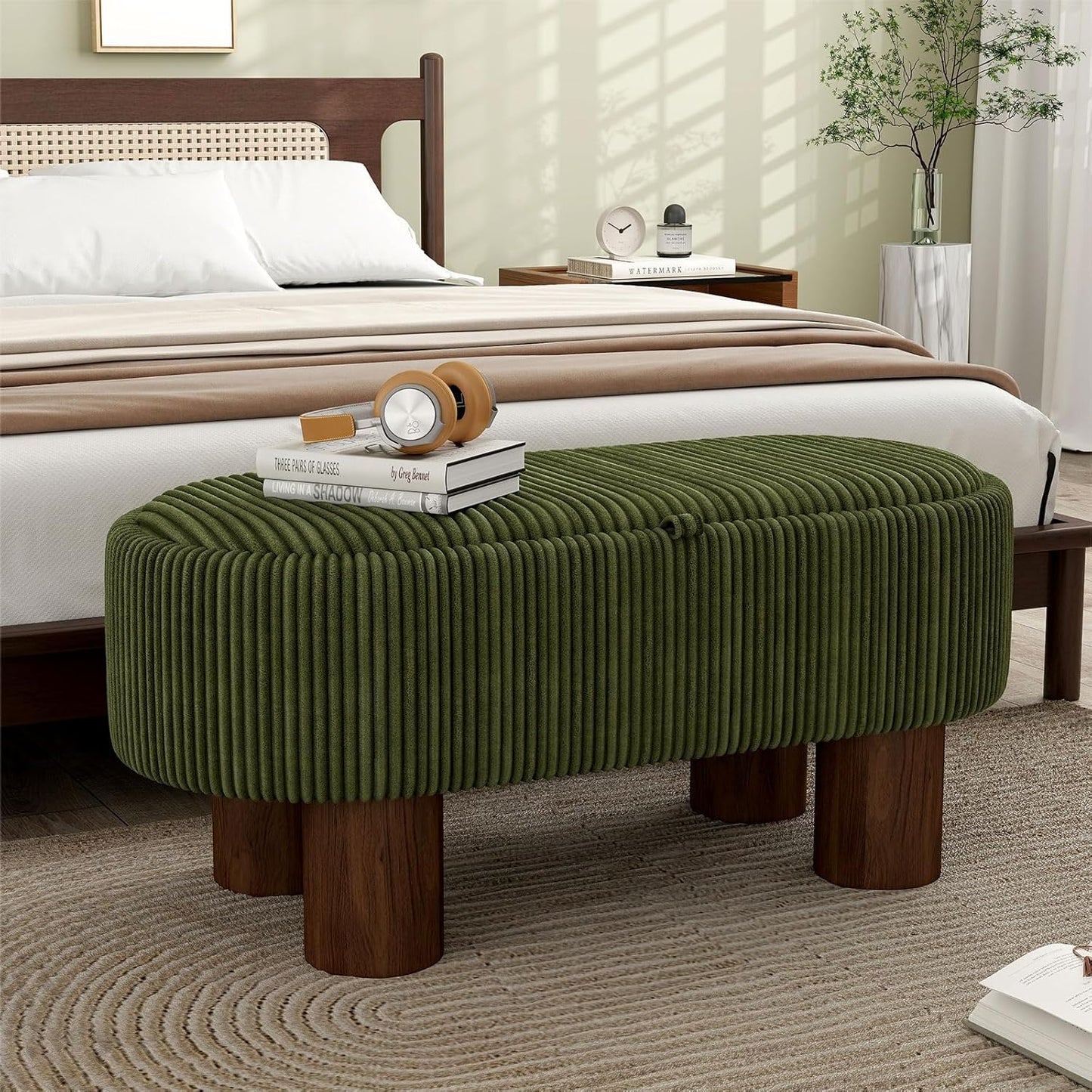 Bench with Storage 43 inch, Upholstered Corduroy Farbic Green Oval Footrest with Hidden Storage, Stool Modern Design Legs for Bedroom, Living Room, and Entryway Furniture Ottoman