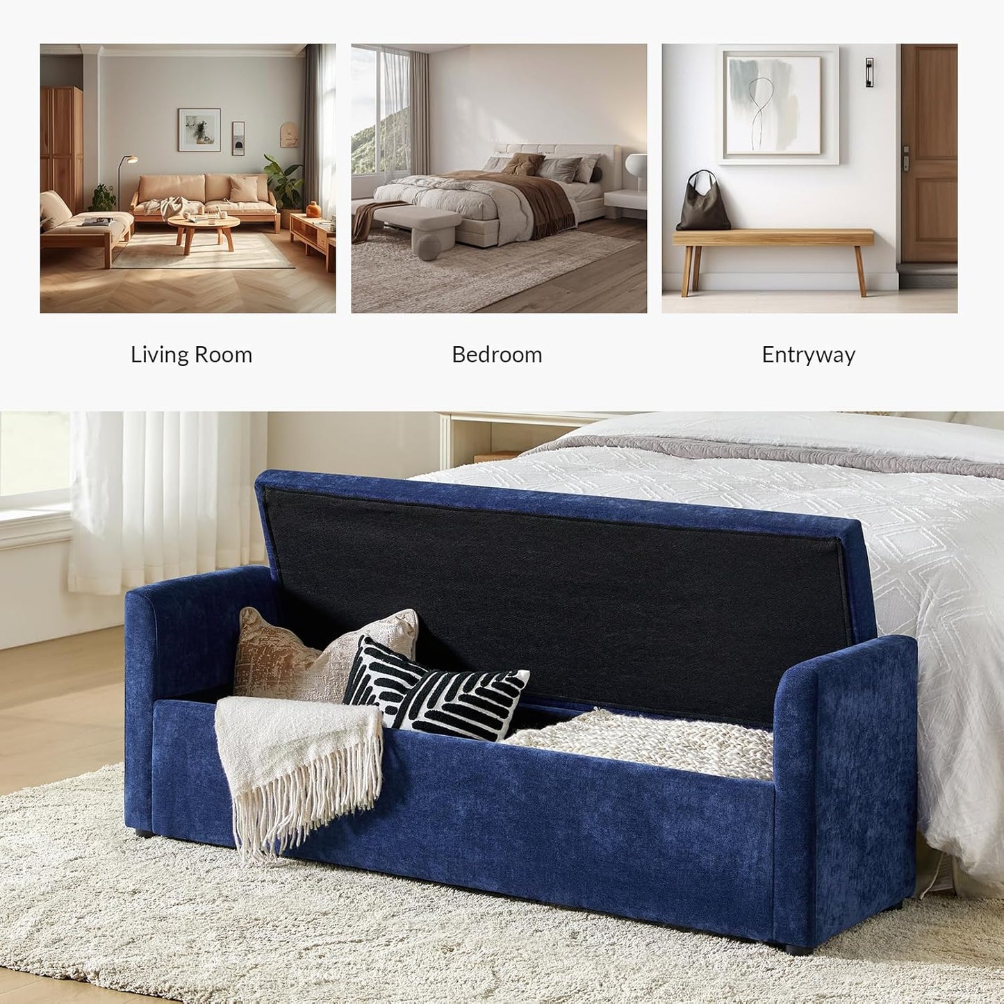 HULALA HOME Modern Storage Ottoman Bench with Throw Pillows, 59.4" Extra Long Bedroom Bench for End of Bed, Comfy Upholstered Footstool for Entryway Living Room Dining Room, Navy