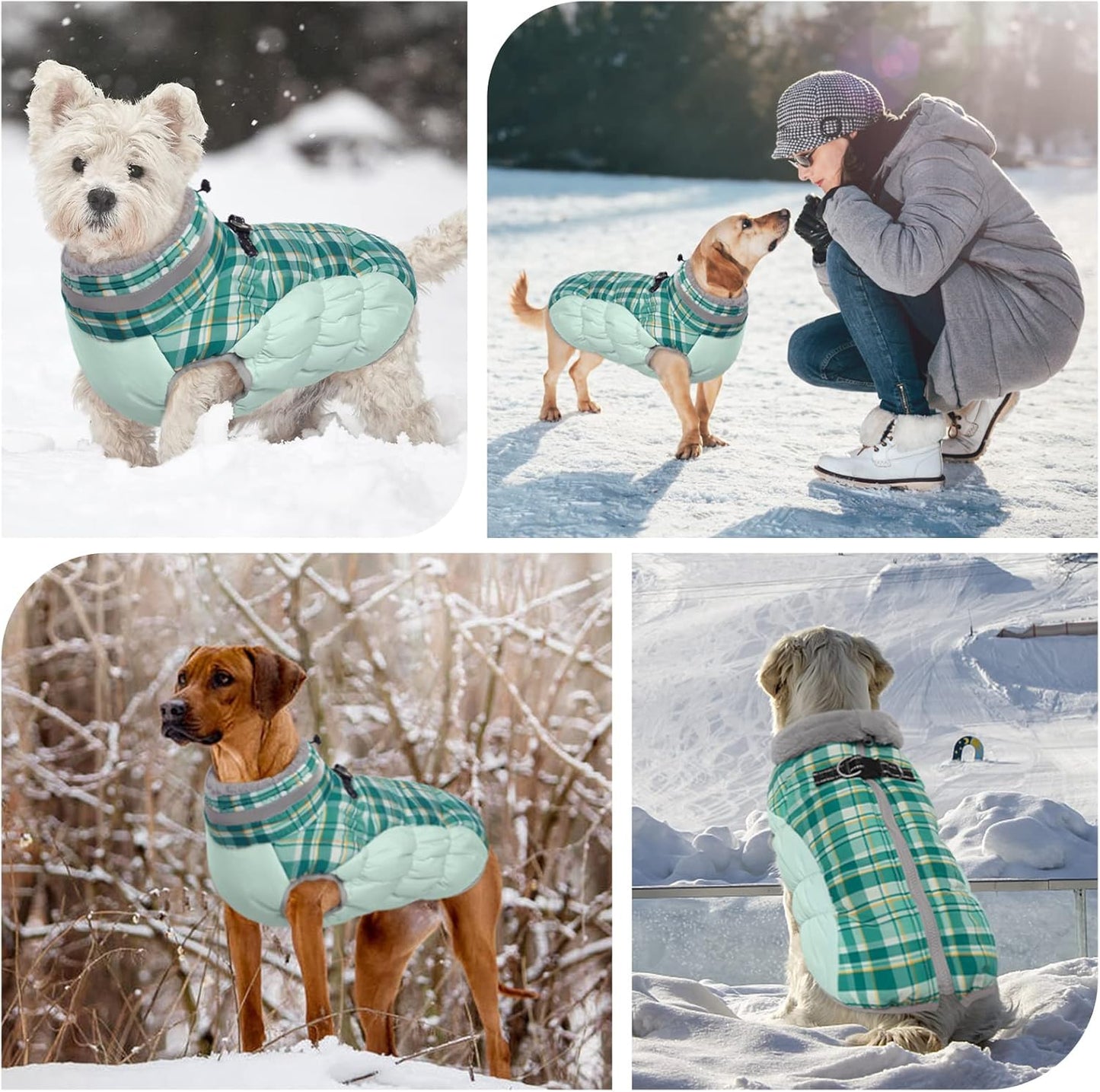 FUAMEY Dog Coat for Large Dogs,Waterproof Dog Winter Jacket with Harness Built in Puppy Cold Weather Coats Reflective Pet Vest with Zipper Warm Fleece Dogs Snowsuit Windproof Green Plaid L
