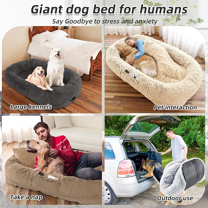 Human Dog Bed for Adults & Pets, 63"x32"x10" XL Faux Fur Nap Bed with Pillow, Blanket & Strap, Orthopedic Washable Lounger for Sleeping, Relaxing, Cuddling – Beige