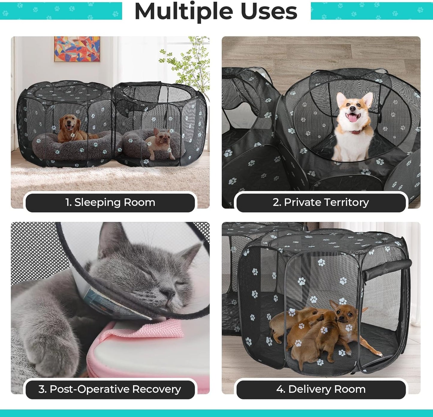 2-in-1 Cat Playpen, Pop Up Dog Pet Playpen for Indoor Outdoor Cats Enclosure, Portable Pet Playpen, Kitten Puppy Foldable Play Pen Cat Dog Tent Crate Cage Kennel(No Divider, Unified Space)