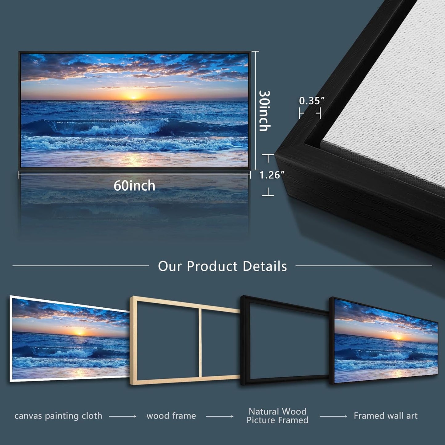 Wapluam Black Framed Canvas Wall Art For Living Room Large Wall Decor For Bedroom Office Wall Decorations Blue Ocean Beach Wall Painting Sunny Sea View Wave Wall Pictures Artwork Room Home Decor