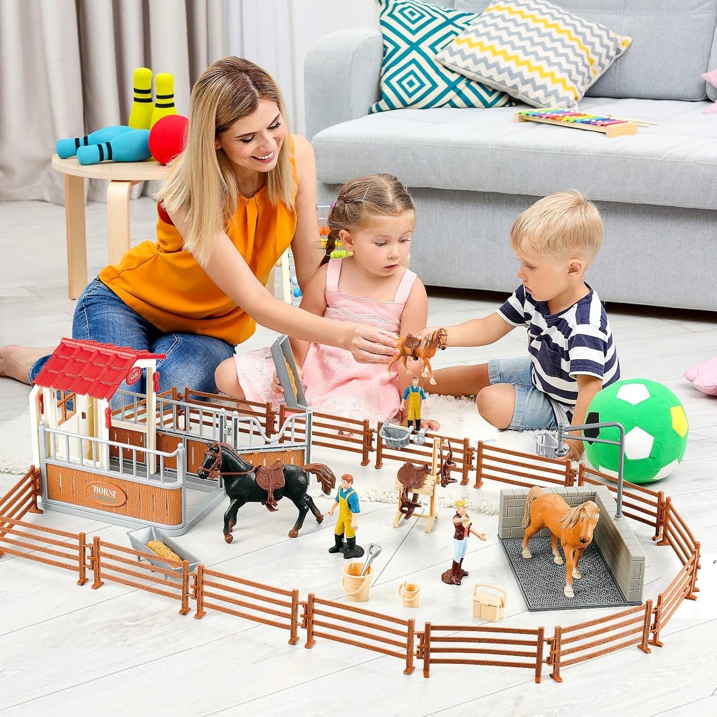 Peagrav Horse Stable Playset with Rider, Wash Area, Fence & Animal Figures - Gifts for Girls & Boys Aged 3-8