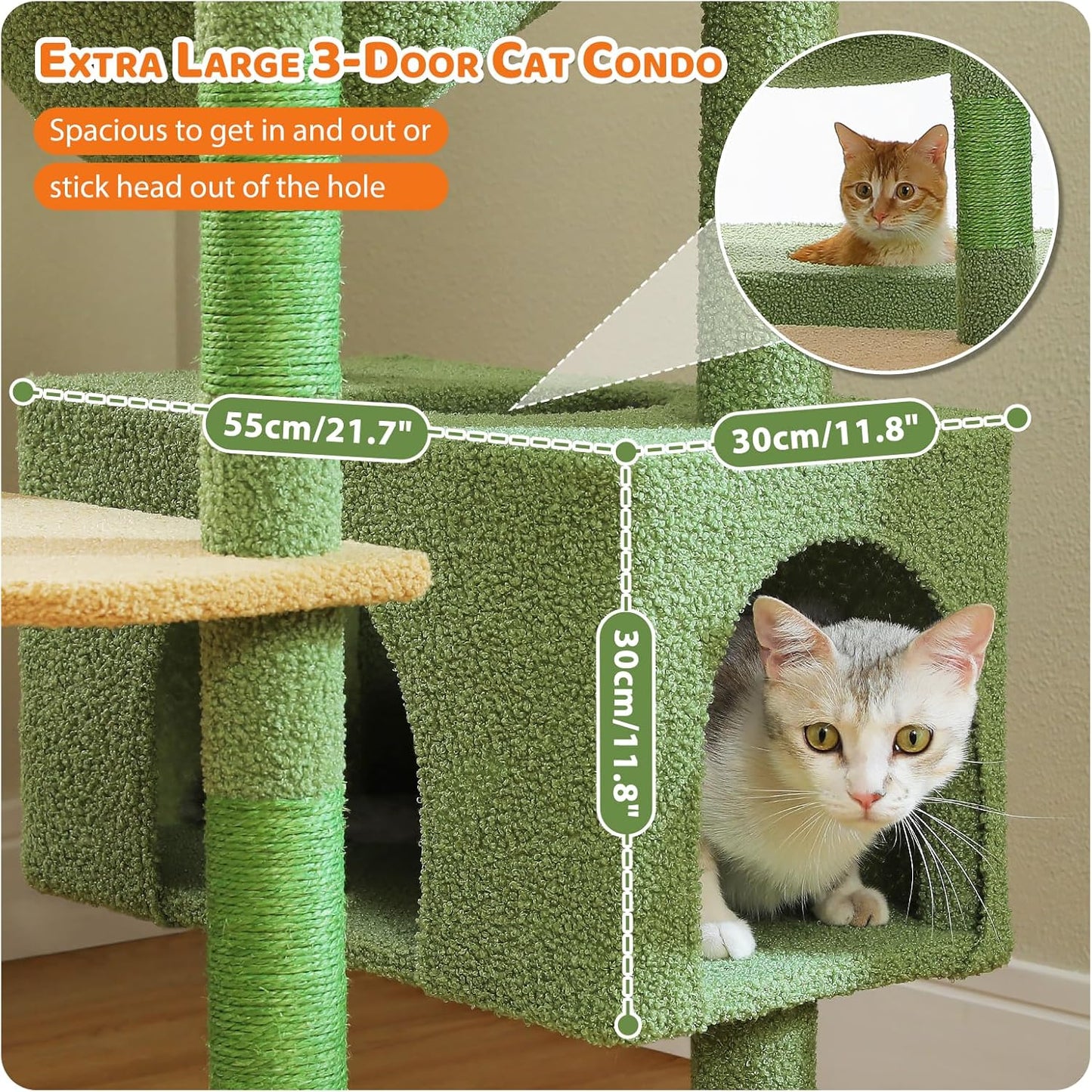 PAWZ Road Heavy Duty Cat Tree for Large Cats, 81 Inches Cactus Tall Cat Tower with 2 Perches, 2 Condos and Spacious Hammock, XL Extra Large Condo with 7 Scratching Posts for 20lb+ Adult Cats, Green