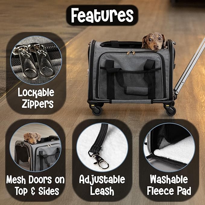 Pet Carrier with Wheels | United Delta American Frontier Airline Approved | Two Expandable Sides, Storage Pockets Adjustable Leash | Rolling Dog and Cat Carrier TSA Compliant (Grey)