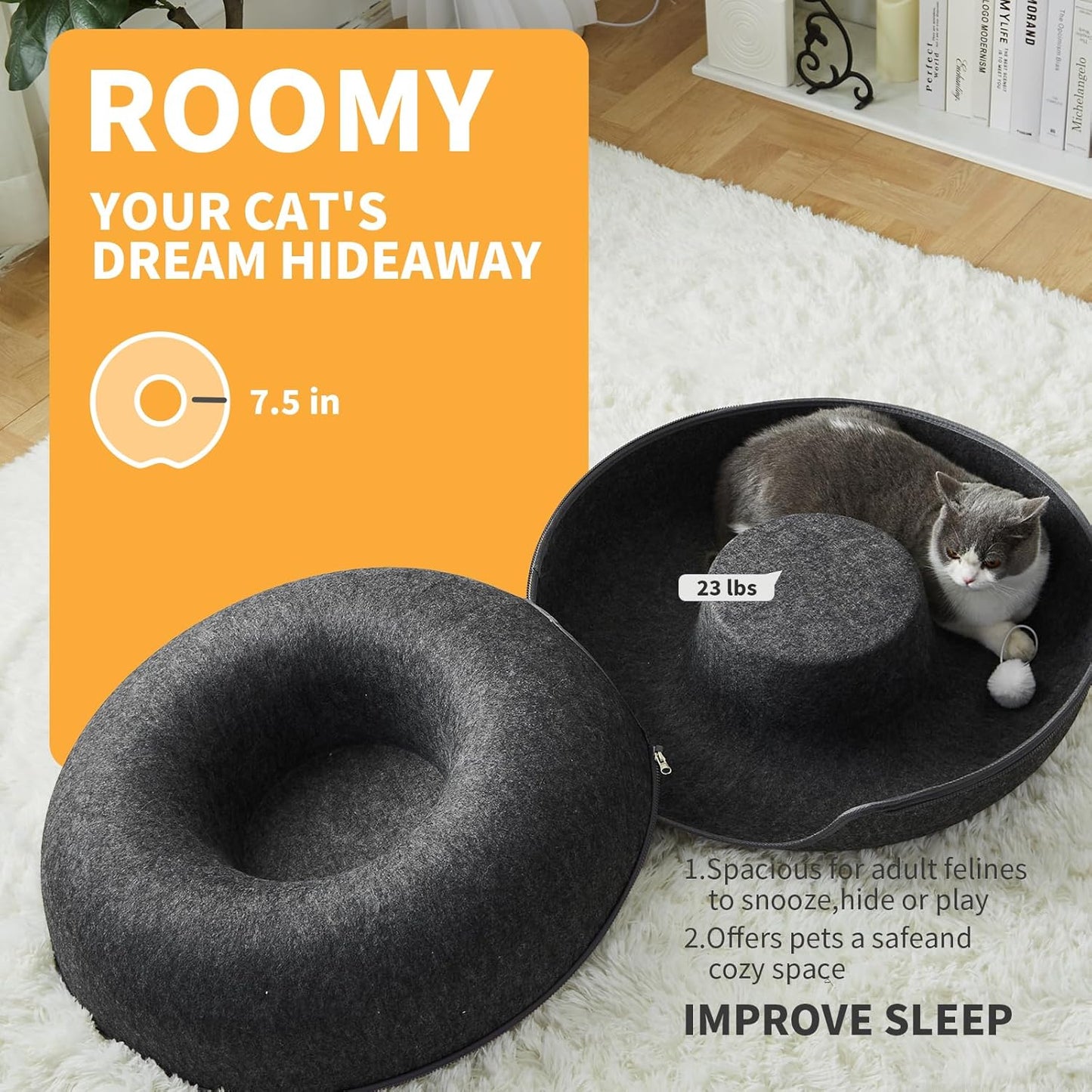 Jia Xi Indoor Cat Hideout Tunnel Bed - Donut Cat Condo and Cave - Dark Grey (20 in * 20 in * 8 in)